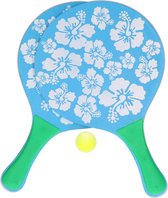 Blauwe beachball set met bloemenprint buitenspeelgoed - Houten beachballset - Rackets/batjes en bal - Tennis ballenspel