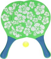 Groene beachball set met bloemenprint buitenspeelgoed - Houten beachballset - Rackets/batjes en bal - Tennis ballenspel