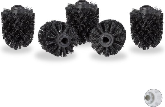 Set van vijf zwarte toiletborstelkoppen met verschillende afmetingen. De borstelharen zijn dicht en zwart. Inzet toont een witte schroefdraad.