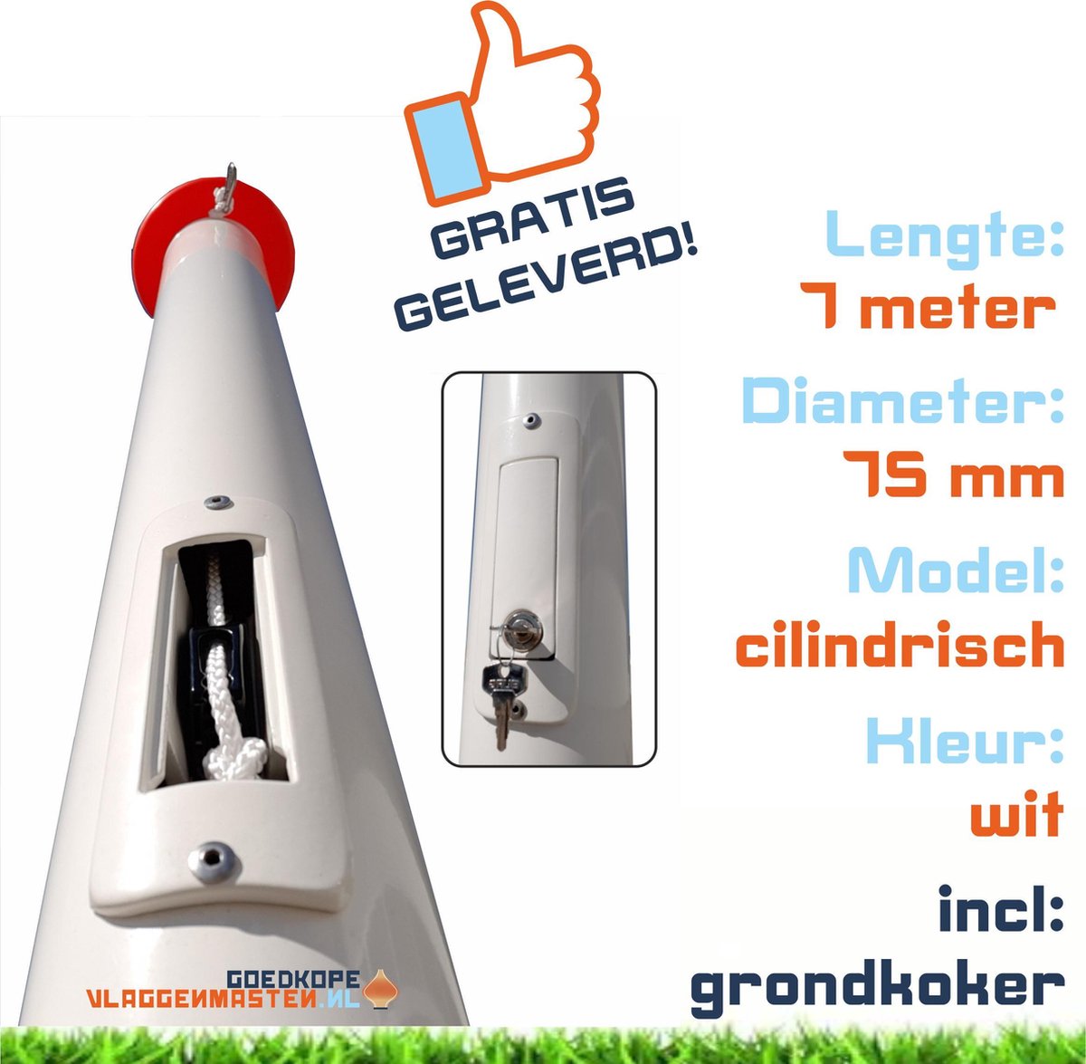 Vlaggenmast wit, 7 meter, diameter 75 mm. Aluminium clilindrisch, wit gecoat incl. anti-diefstal systeem met cilinderslot, oranje knop en contra-gewicht en gorndkoker. Type BASIC SAFE 7507W2A - goedkope-vlaggenmasten.nl