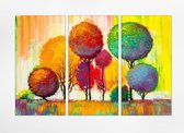 Gekleurde bomen 120x80 cm. Kunst schilderij Van drie verticale panelen, Afgedrukt op Canvas 100% katoen uitgerekt op het frame van hoge kwaliteit, muurhanger geïnstalleerd.