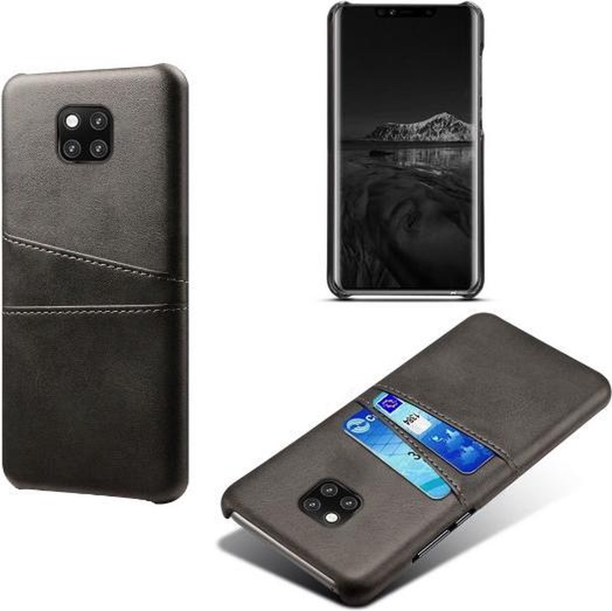 Back Cover met Opbergvakjes + Gehard Glas Screenprotector voor Huawei Mate 20 Pro_ Zwart