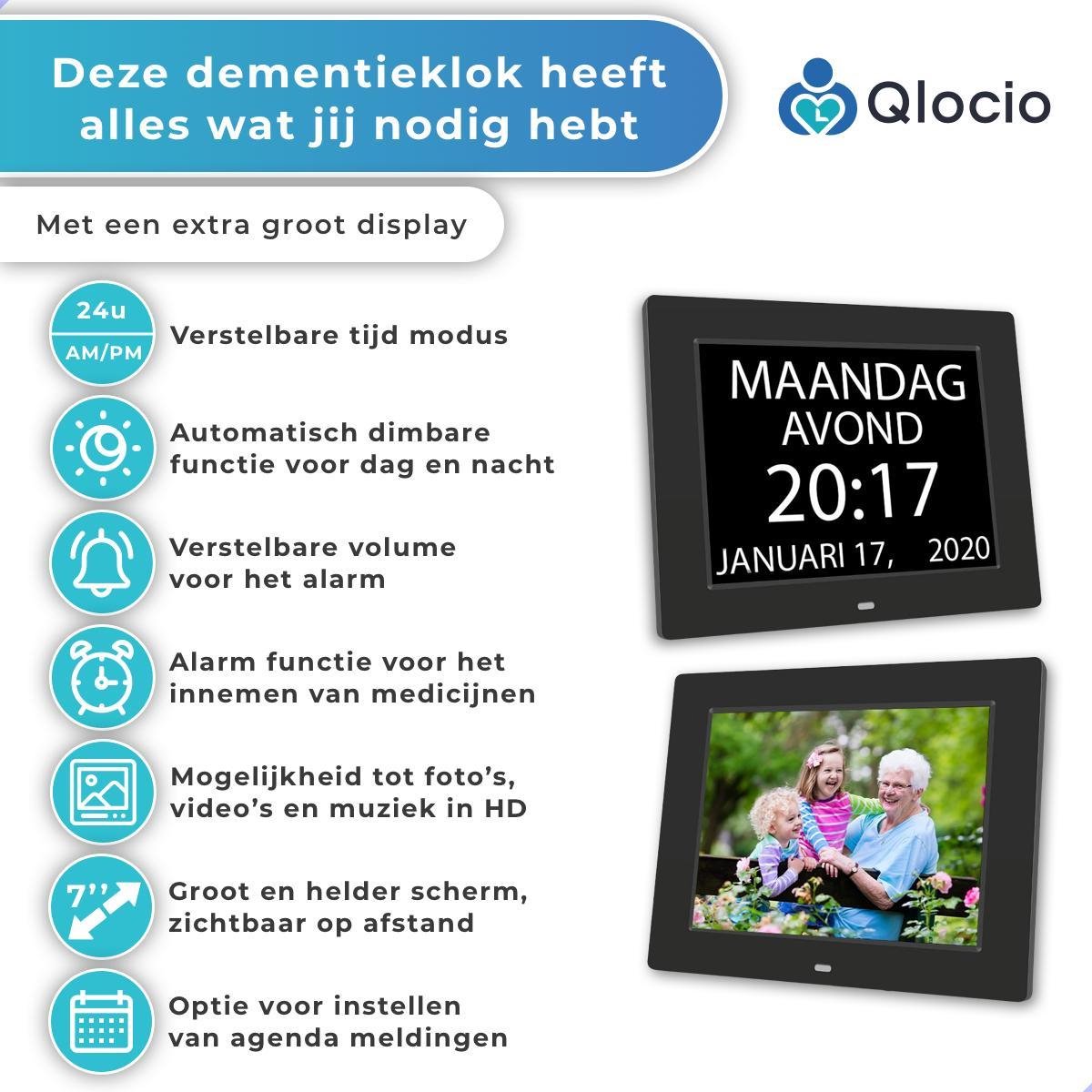 OER - Demenhorloge XXL - Digitale kalender en seniorenklok - Digitale en analoge weergave - Kalenderklok voor dementie - Schrijven eigen alarmen - (10 inch, zwart