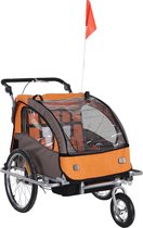 Kinderfietskar - Fietskar -Kinderaanhanger - Buggyfunctie - Geveerd en geremd - 2 zitplaatsen - Oranje/Koffie - 130 x 90 x 110 cm