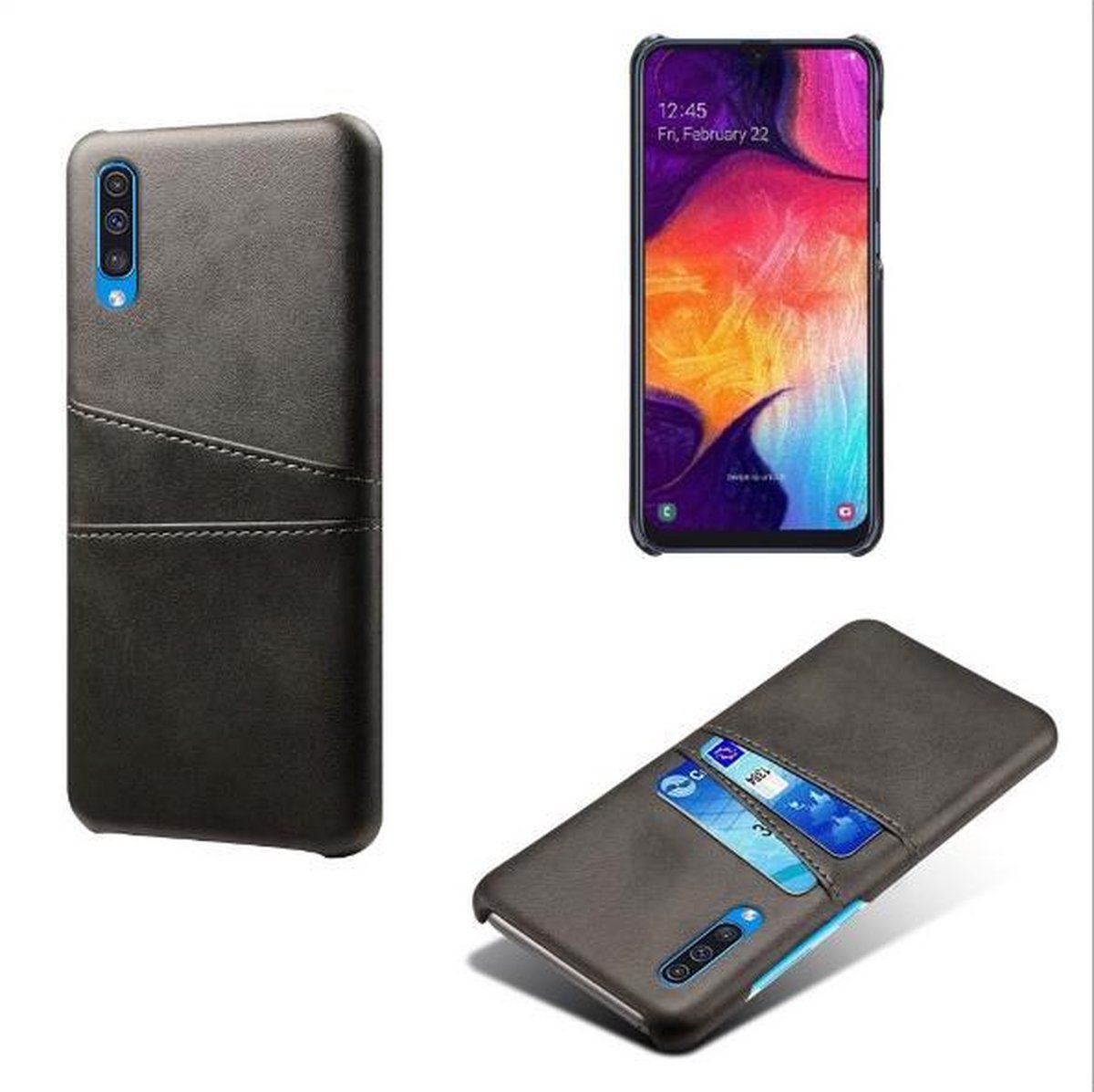 Back Cover met Opbergvakjes + PET Screenprotector voor Galaxy A50 _ Zwart