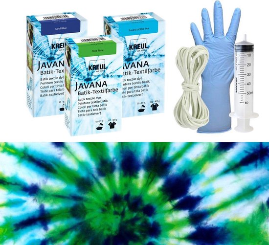 Javana Tie Dye Peinture Set - Batik Textile Dye - Set de 3 couleurs 70ml tie dye paint + Bandes de caoutchouc, gants et seringue vide