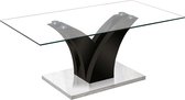 Design salontafel 110 cm met rechthoekig glazen blad en MDF en zwart gelakt metalen onderstel