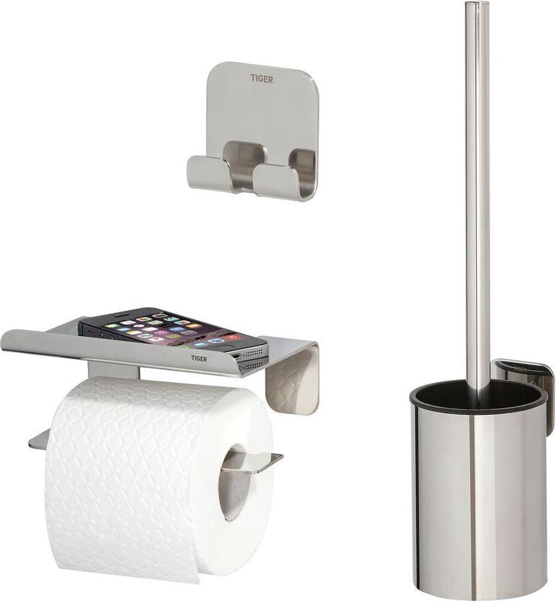 Tiger Colar Toiletaccessoireset - Toiletborstel met houder - Toiletrolhouder met planchet - Handdoekhaak – RVS gepolijst