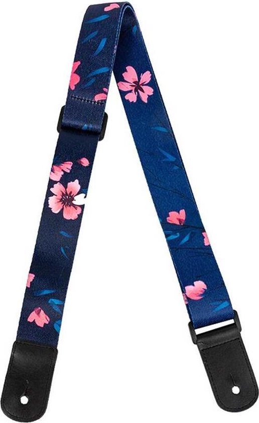 Donkerblauwe ukeleleband met een print van roze bloemen en blauwe blaadjes. Zwarte lederen uiteinden.
