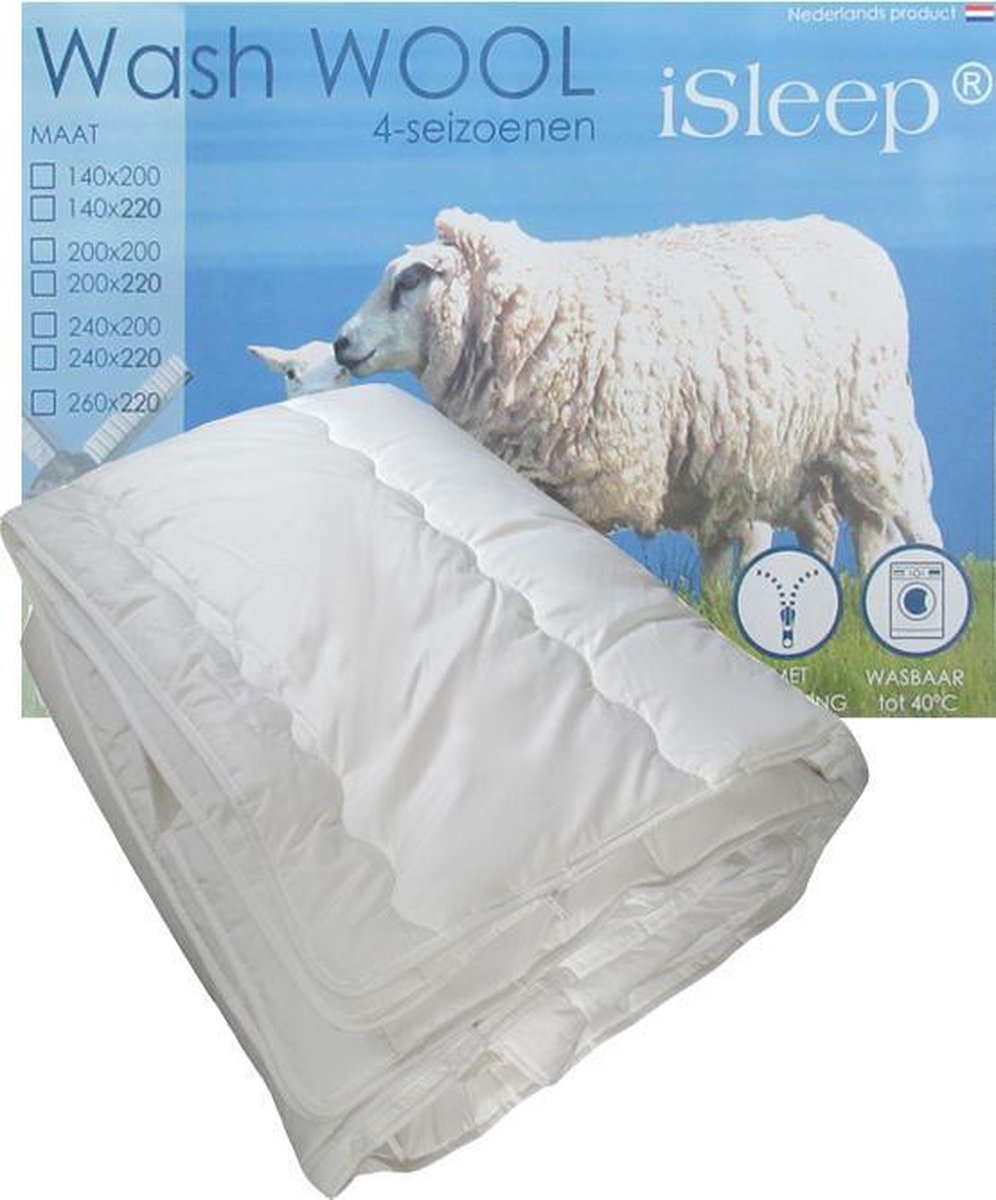 iSleep Wash Wool - Wollen 4-Seizoenen Dekbed - 100% Zuiver Scheerwol - Wasbaar - Met Rits - Tweepersoons - 200x220 cm - Offwhite