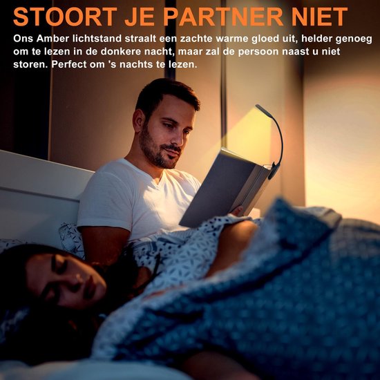 Amber LED Light Leeslampje – Leeslampje Bed – Leeslampje Met Klem – 3 Lichtstanden & Dimbaar – Incl. USB Oplaadkabel – Oog Vriendelijk
