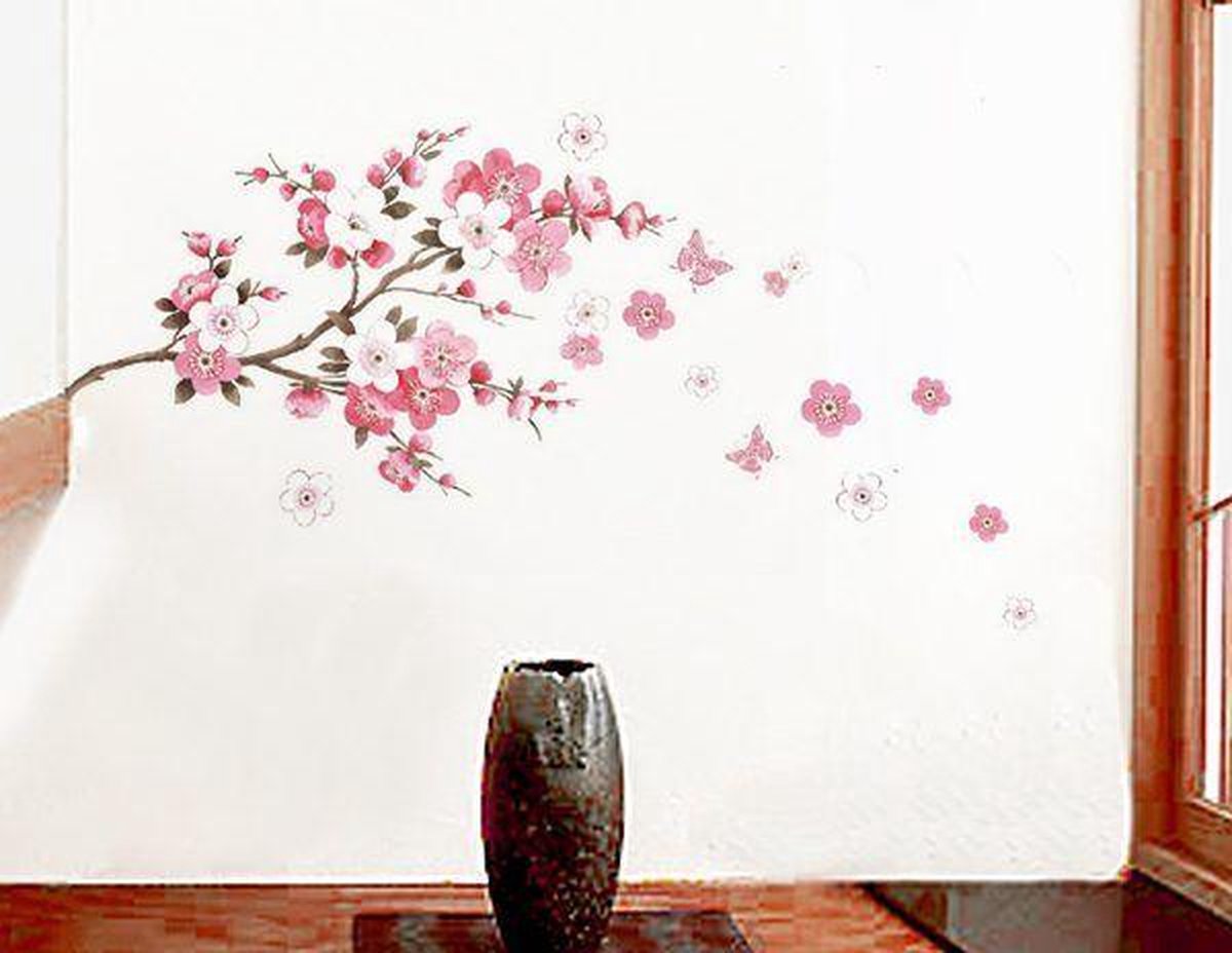 Muursticker4sale Kinderkamer muursticker tak met roze bloemen