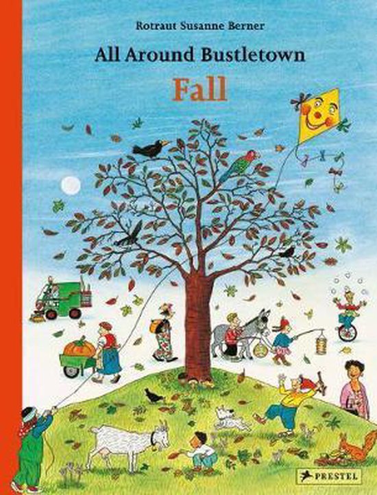 Boekomslag 'All Around Bustletown: Fall' met vrolijke herfsttaferelen: een boom, vlieger, kinderen, dieren en een pompoen.