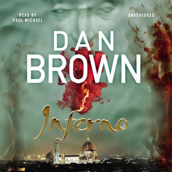 Boekcover 'Inferno' van Dan Brown met vlammen en een afbeelding van de Duomo in Florence.