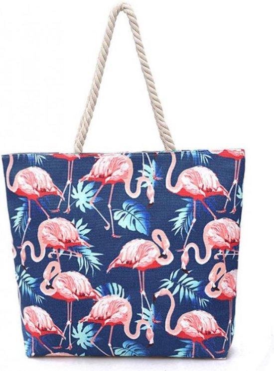Flamingo Strandtas - Shopper met ritssluiting - Blauw - Schoudertas - Handtas -Strand - Summer/Zomer