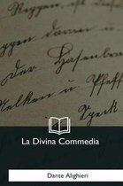 Het boek La Divina Commedia van Dante Alighieri, met manuscripttekst op de kaft.