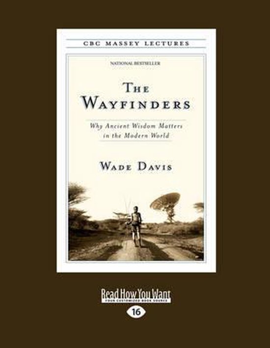 Boek kaft van The Wayfinders, met een man op een fiets in een woestijnlandschap met een schotelantenne.