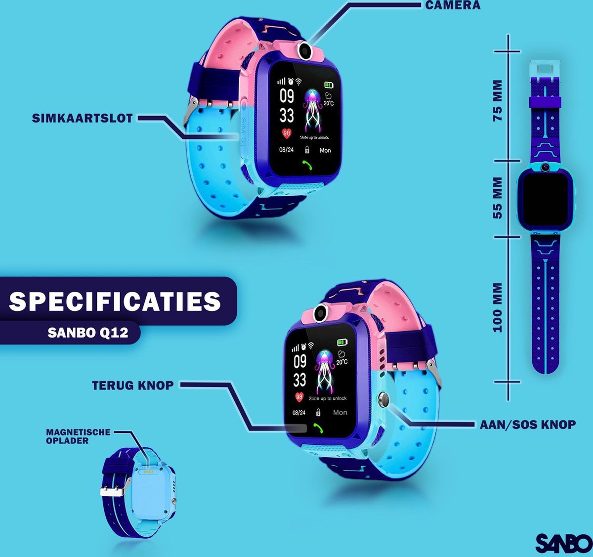 Sanbo® Q12 - Kinder Smartwatch - Roze - Nederlandstalige - smartwatch - GPS  - LBS - | bol.com