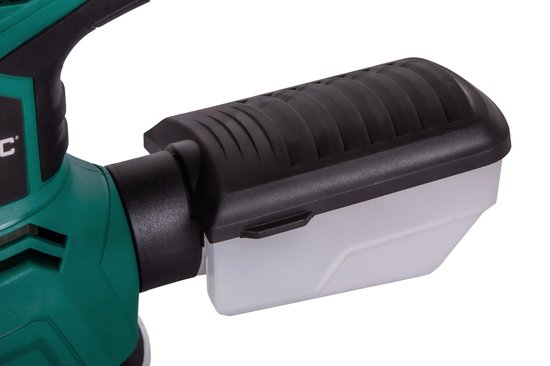 Close-up van de stofopvangbox van de groene en zwarte excentrische schuurmachine.