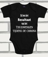 Rompertje met tekst "ik ben het resultaat van thuiswerken tijdens de corona", romper zwart met wit voor kraamcadeau of babyshower, voor pasgeborene,