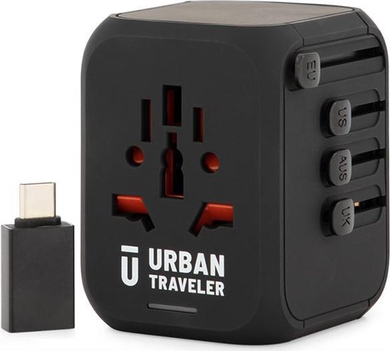 Universele Wereldstekker - Reisstekker - URBAN TRAVELER - Inclusief Gratis USB Adapter - 170+ landen - 4x USB - Zwart