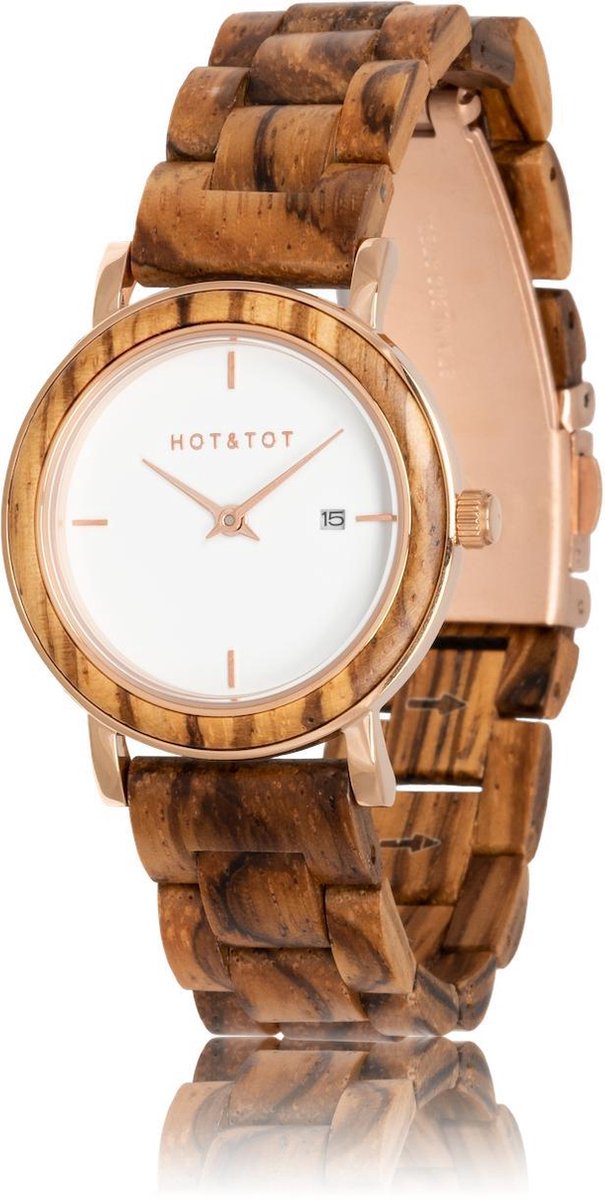 HOTTOT | Eos - Houten horloge voor dames - 32mm - Zebrano hout - Wit - Roségoud