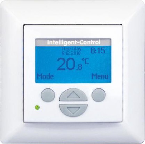 Intelligente thermostaat met blauw display, dat donderdag 9.12.2010 8:15 en 20.8°C toont. Met grijze knoppen.