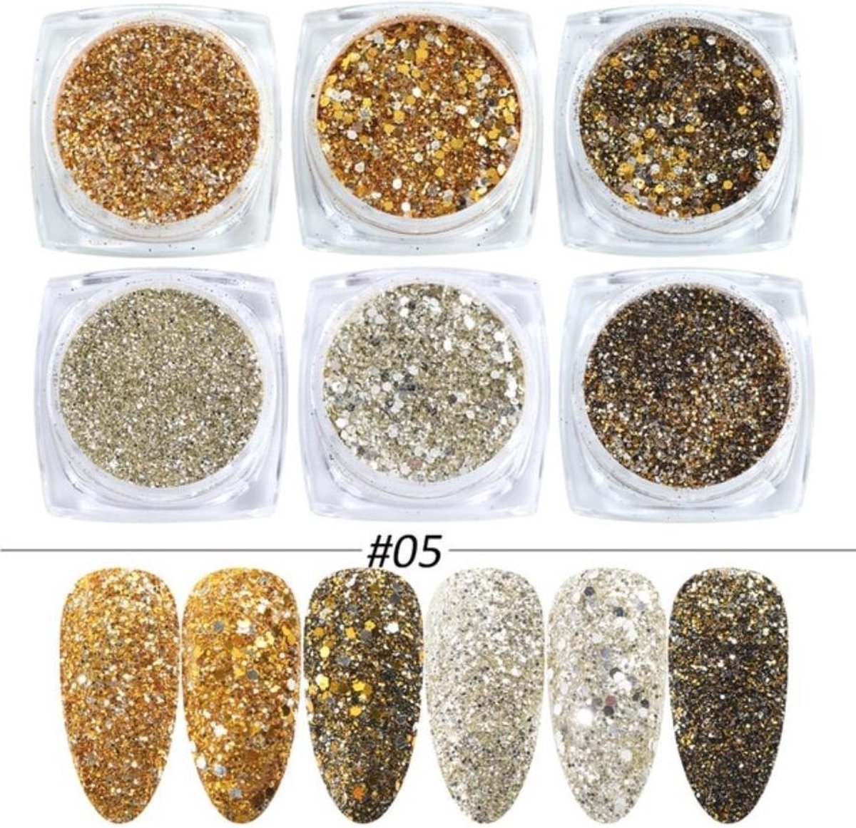 Goedkoopste Glitter Poeder Nail Art Set - 6 Stuks - Goud / Zilver / Brons - Nagel Decoratie Strass