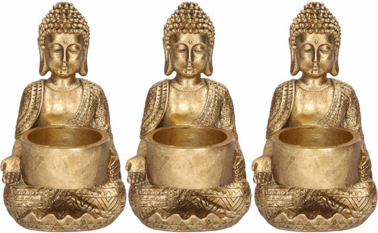3x Zittende Boeddha waxinelichthouder goud 14 cm - Woondecoratie/woonaccessoires - Decoratiebeeldjes - Waxinelicht/kaars/theelicht houders - Boeddhabeelden voor in huis