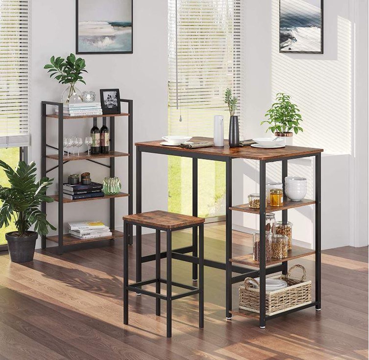 MIRA Home - Bartafel - Bartafel met 3 planken - Industrieel - Donkerbruin - 109x60x100