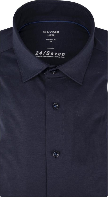 OLYMP Luxor 24/Seven modern fit overhemd - marine blauw tricot - Strijkvriendelijk - Boordmaat: 38