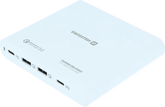 Swissten Snellader met 4 Poorten - 87W - 2x USB & 2x USB-C - Geschikt voor o.a. smartphones, tablets en laptops - Wit