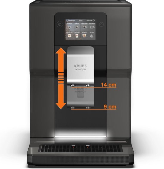 Zwarte Krups Intuition volautomaat met afmetingen aangegeven op het display.