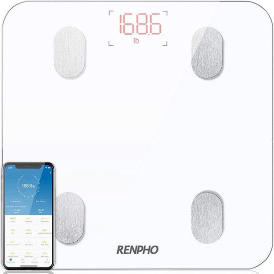 Bluetooth-lichaamsvetschaal, RENPHO digitale weegschaal voor lichaamssamenstelling analysator met smartphone-app, 13 lichaamssamenstellingsmetingen…