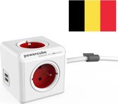 DesignNest PowerCube Extended Duo USB - 1.5 meter kabel - Wit/Rood - 3 stopcontacten - 2 USB laders - Type E met aardepin (België)