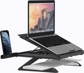 HN® Verstelbare laptopstandaard met telefoonhouder | Ergonomische laptop tafel met anti-slip pads | Monitorstand met ventilerend ontwerp | Geschikt voor alle laptops 10-17 inch | Maximaal dra