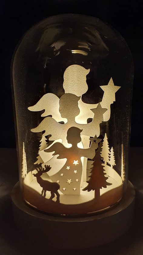 Grote glazen kerst Stolp (18 cm!) met Led verlichting en houtsnijwerk Rendier