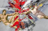 JJ-Art (Canvas) | Michelangelo, De schepping van Adam, abstract kleurrijk in olieverf look - woonkamer | modern, rood, Italië, mensen, man, klassieke kunst | Foto-Schilderij print op Canvas (
