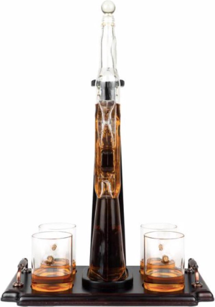 Toutdoirt - 800 ml whiskykaraf AK 47 met 4 glazen – Kalashnikov karaf set voor wodka, rum, cognac – perfect voor militaire fans, bar- en mannenholtendecoratie (decanter
