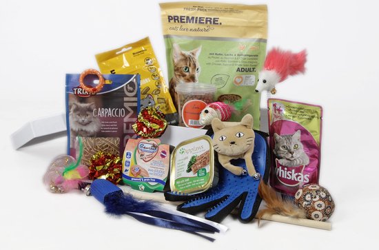 PetLoveBox Kattendoos - Verrassing cadeau voor katten én kattenliefhebbers - kattenspeeltjes, kattenvoer, kattensnoepjes en katten speelgoed + gratis vacht handschoen (links)