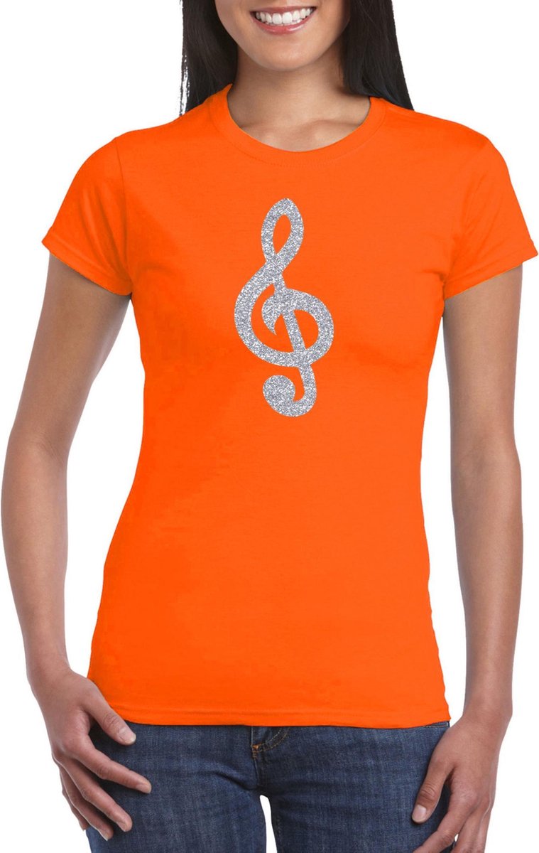 Afbeelding van product Bellatio Decorations  Zilveren muzieknoot G-sleutel / muziek feest t-shirt / kleding - oranje - voor dames - muziek shirts / muziek liefhebber / outfit XS  - maat XS