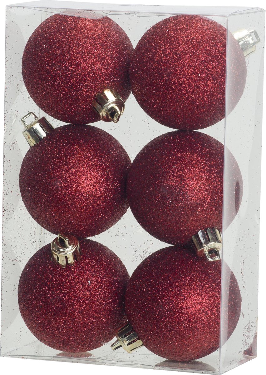 6x Boules de Noël incassables / plastiques rouges 6 cm - Paillettes