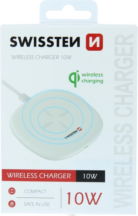Swissten Draadloze QI Oplader - Wireless Charger - Snel Draadloos Opladen - 10W - Wit - Swissten