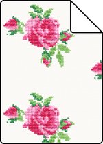 Proefstaal ESTAhome behang geborduurde roosjes roze en groen - 138144 - 26,5 x 21 cm