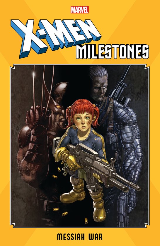 X-Men Milestones: Een meisje met rood haar en een machinegeweer, met Wolverine en Cable op de achtergrond. T'challa is ook zichtbaar.