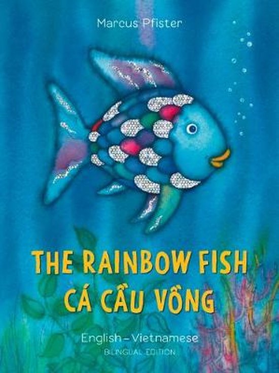 Couverture du livre The Rainbow Fish montrant un poisson bleu aux écailles scintillantes sur un fond bleu.