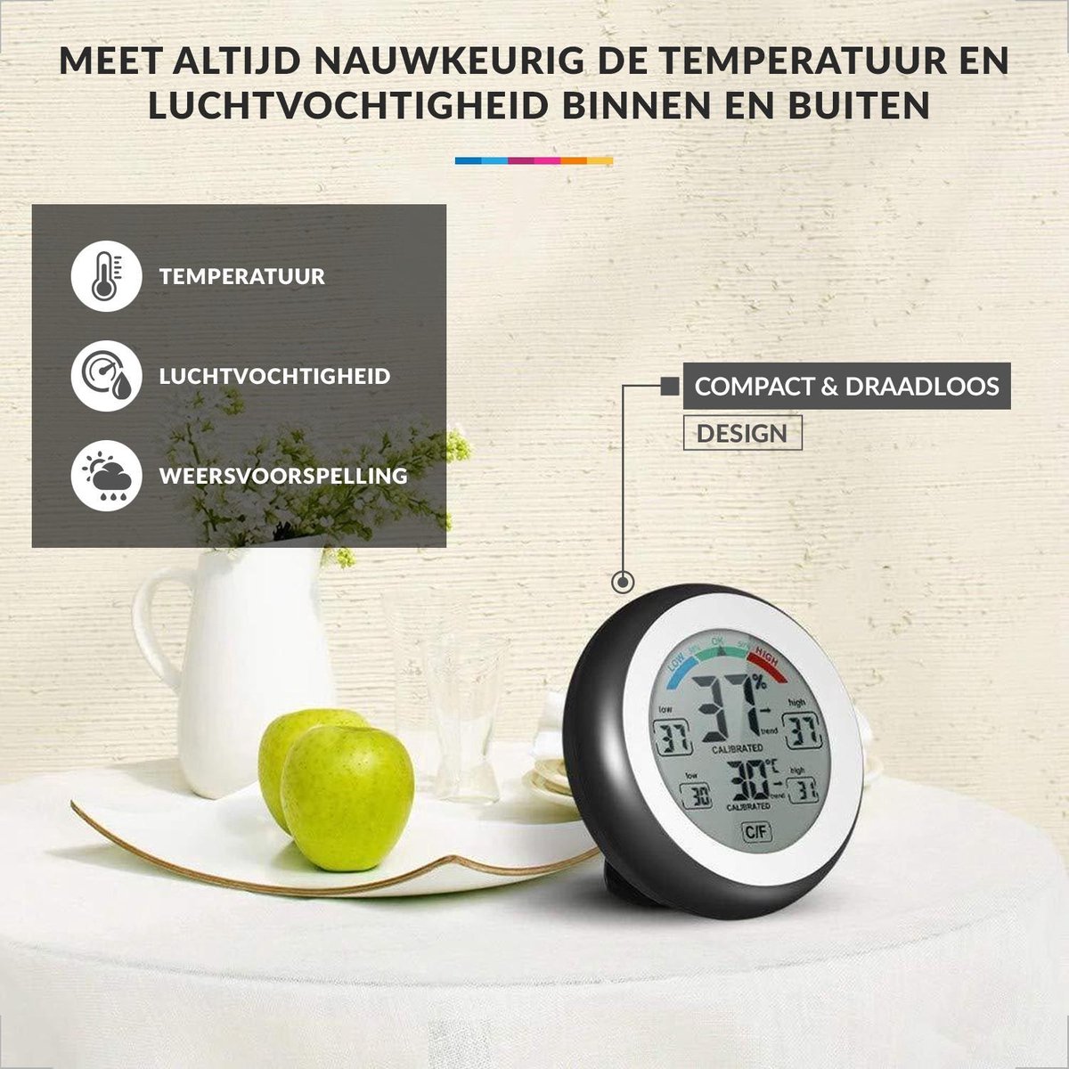 Thermometer en Hygrometer Binnen Digitaal Zwart