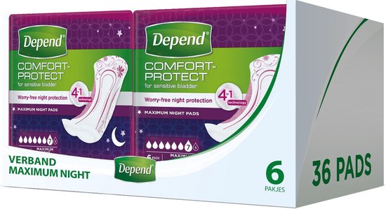 Doos met 6 pakken Depend Comfort-Protect maximale nachtbescherming, 36 pads.