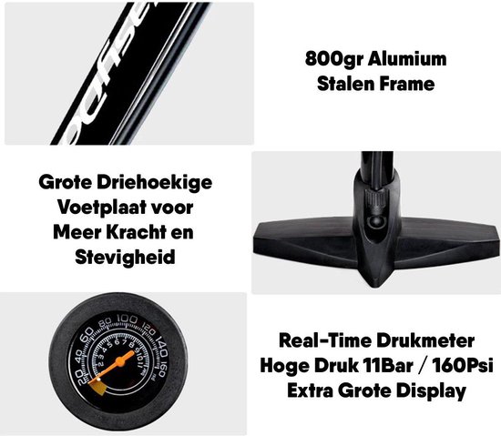 Matzwarte Fietspomp met Drukmeter én Extra Ventielen - Multifunctioneel Mondstuk – Schrader en Presta – Aluminium Lichtgewicht Vloerpomp – Ballenpomp/ Scooterpomp/ Autobandenpomp