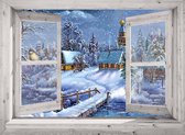 Kerst poster - 130x95 cm - doorkijk wit venster getekend dorpje - winterlandschap  - tuin decoratie - tuinposters buiten - tuinschilderij - kerst decoratie